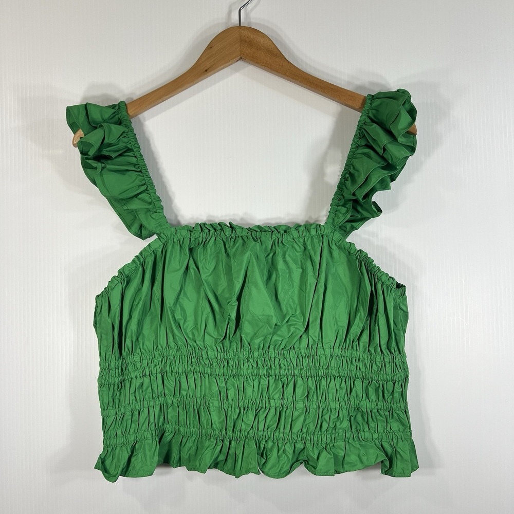 Anthropologie Maeve Smocked Taffeta Tank Size 16 Green Ruffle Flutter Sleeve